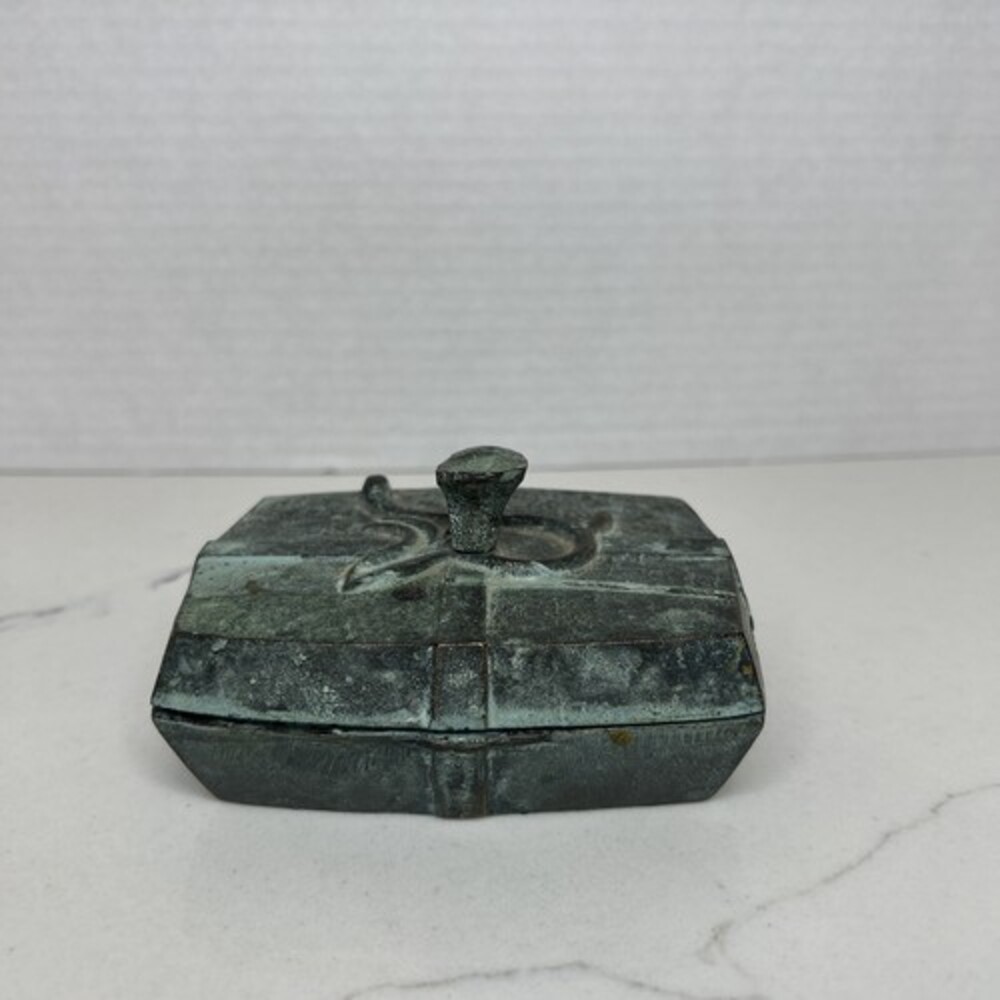 VTG PATINATED BRASS LIDDED TRINKET JEWELRY BOX ART DECO MADE IN INDIA